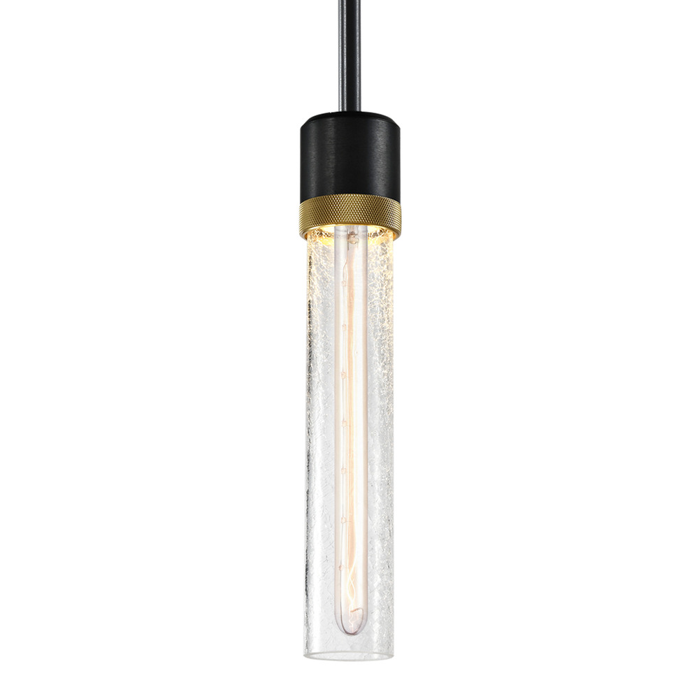 3&#34; E26 Cylindrical Pendant Light, 12&#34; Crackled Glass and Satin Brushed Black with Brass Fini