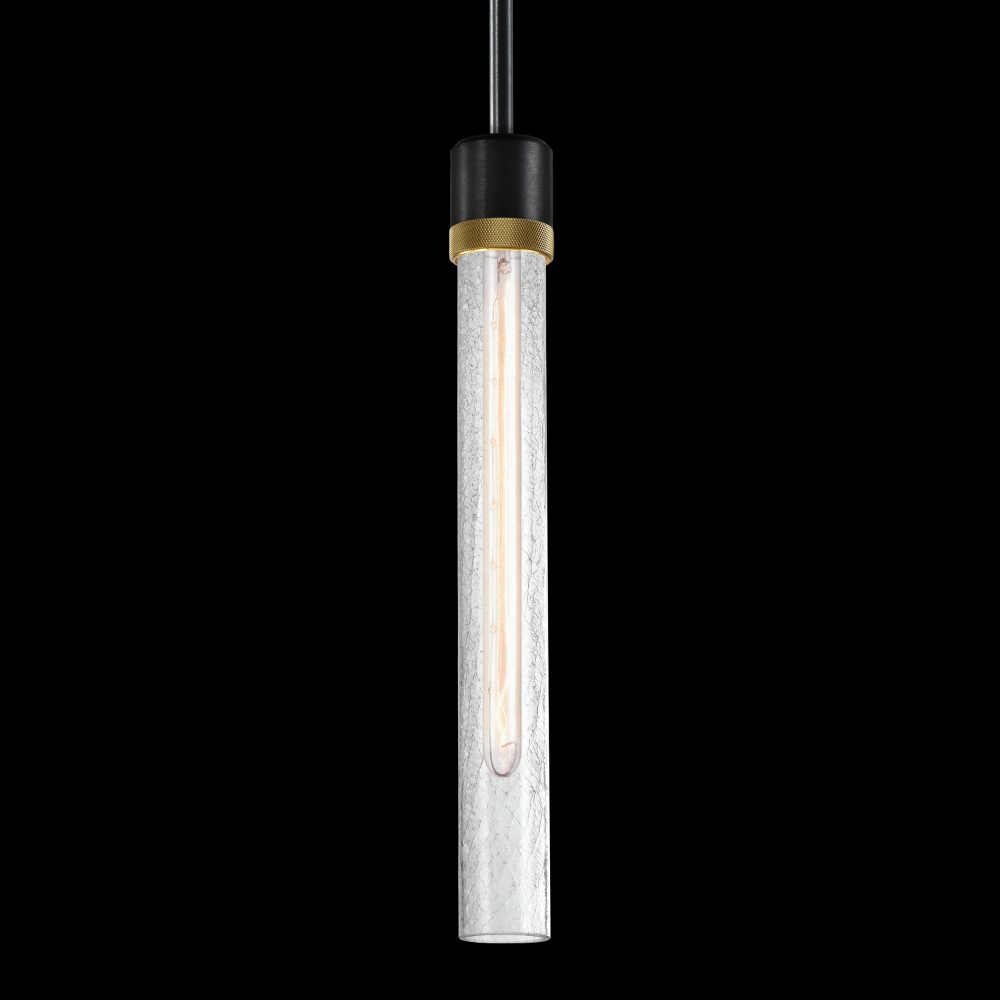 3&#34; E26 Cylindrical Pendant Light, 18&#34; Crackled Glass and Satin Brushed Black with Brass Fini