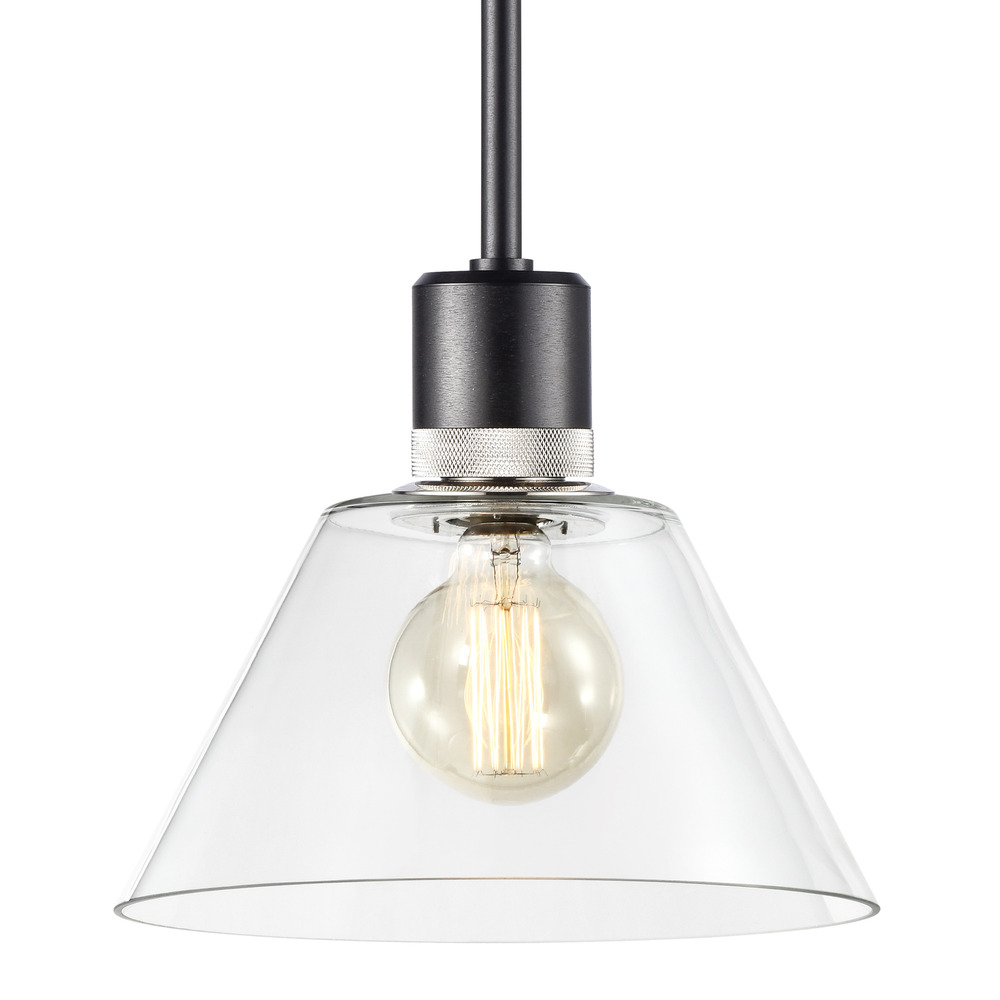 12&#34; E26 Clear Cone Glass Pendant Light and Satin Brushed Black with Nickel Metal Finish