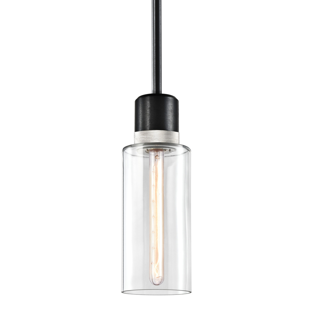 6&#34; E26 Cylindrical Drum Pendant Light, 12&#34; Clear Glass and Satin Brushed Black with Nickel M