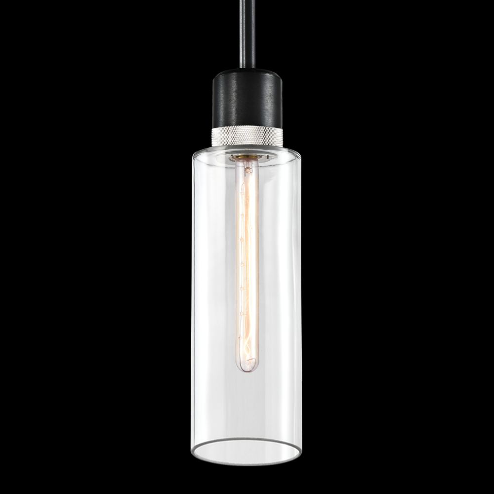 6&#34; E26 Cylindrical Drum Pendant Light, 18&#34; Clear Glass and Satin Brushed Black with Nickel M