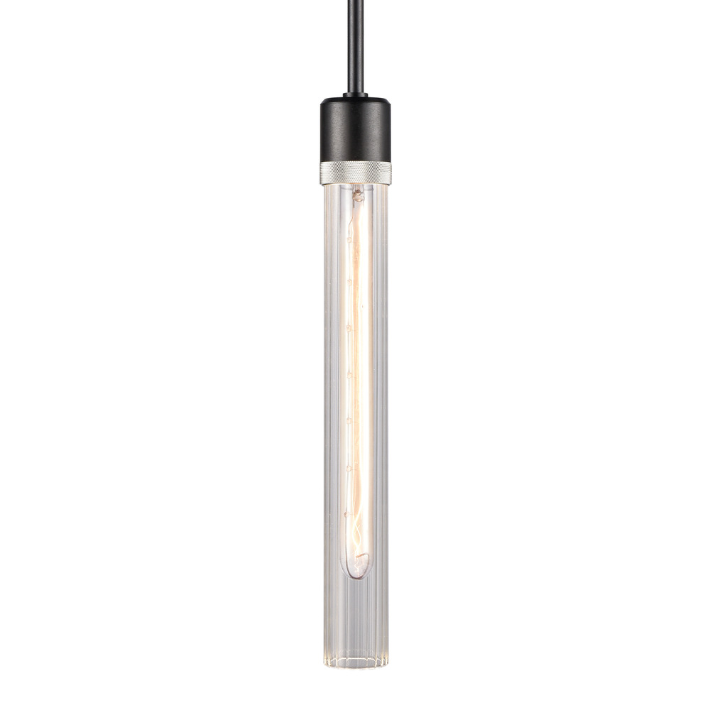 3&#34; E26 Cylindrical Pendant Light, 18&#34; Fluted Glass and Satin Brushed Black with Nickel Finis