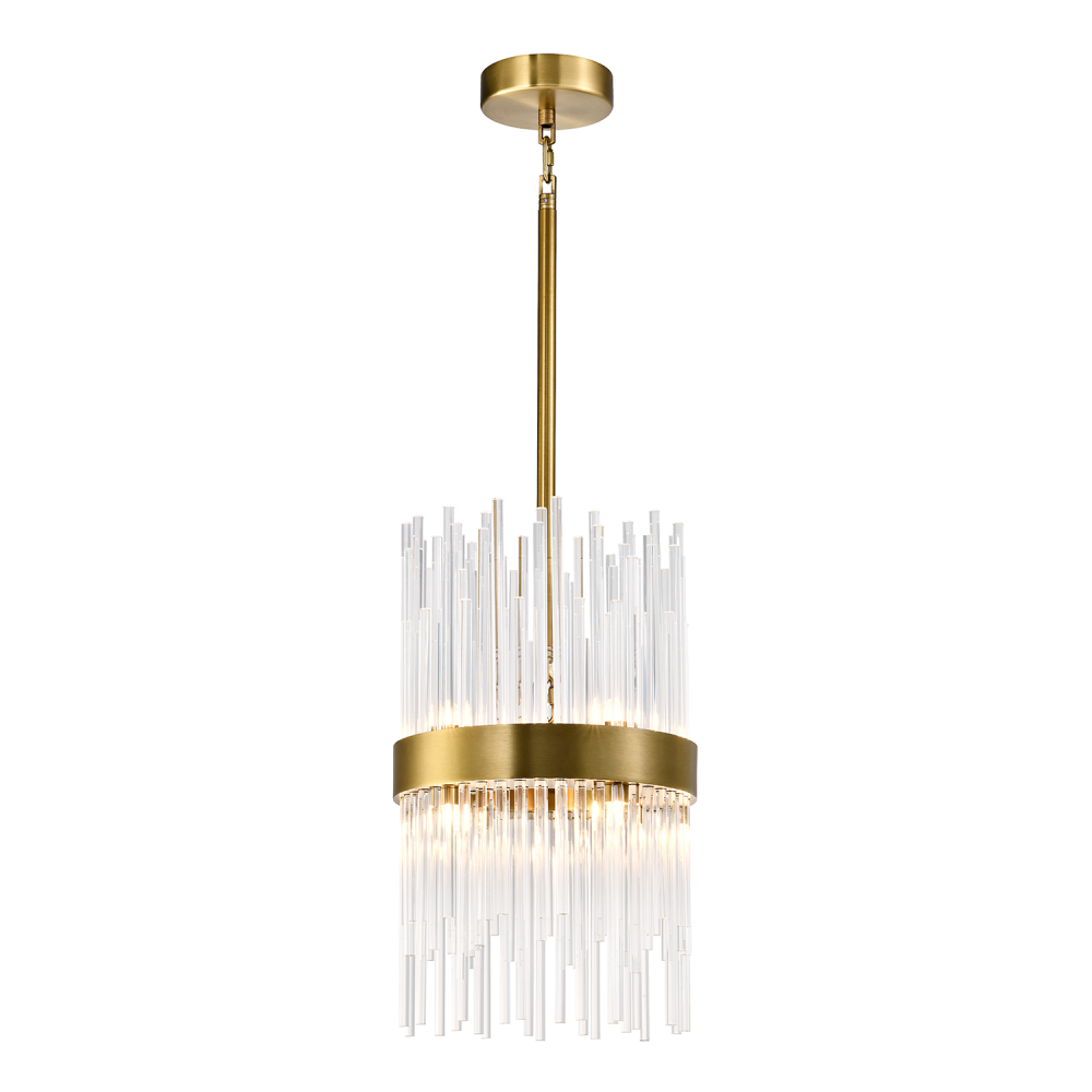 8-Light 10&#34; Sleek Aged Brass Banded Cylindrical Crystal Pendant