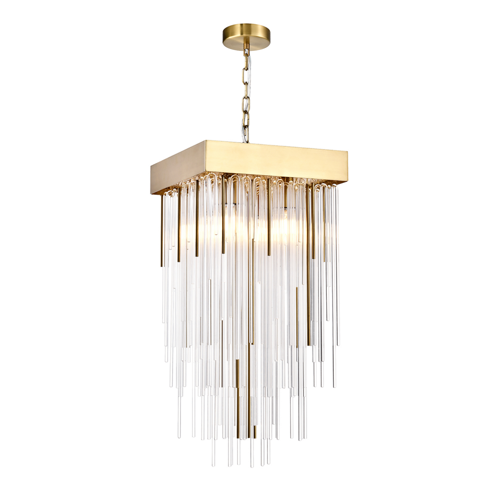 4-Light 12&#34; Square Aged Brass Crystal Pendant Light