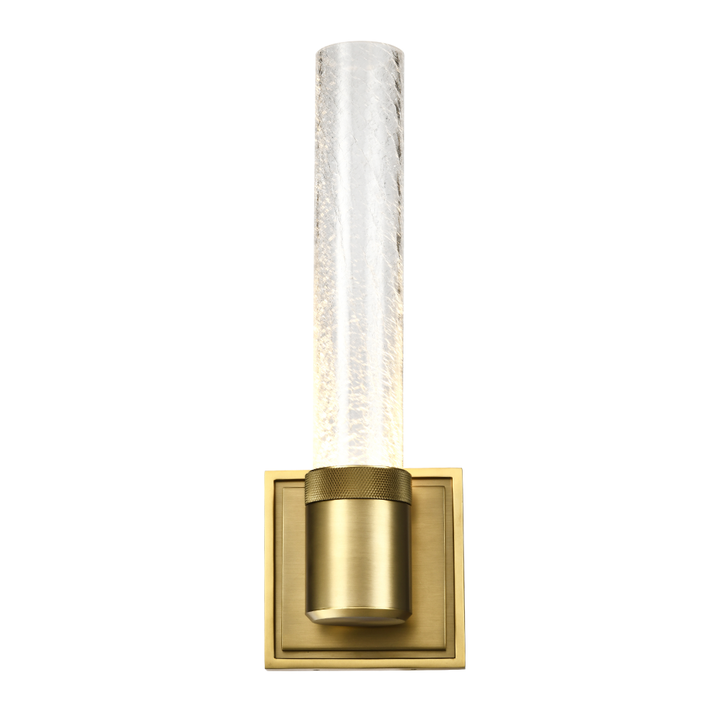 LED 3CCT Vertical Wall Sconce, 12&#34; Crackled Glass and Aged Brass Finish