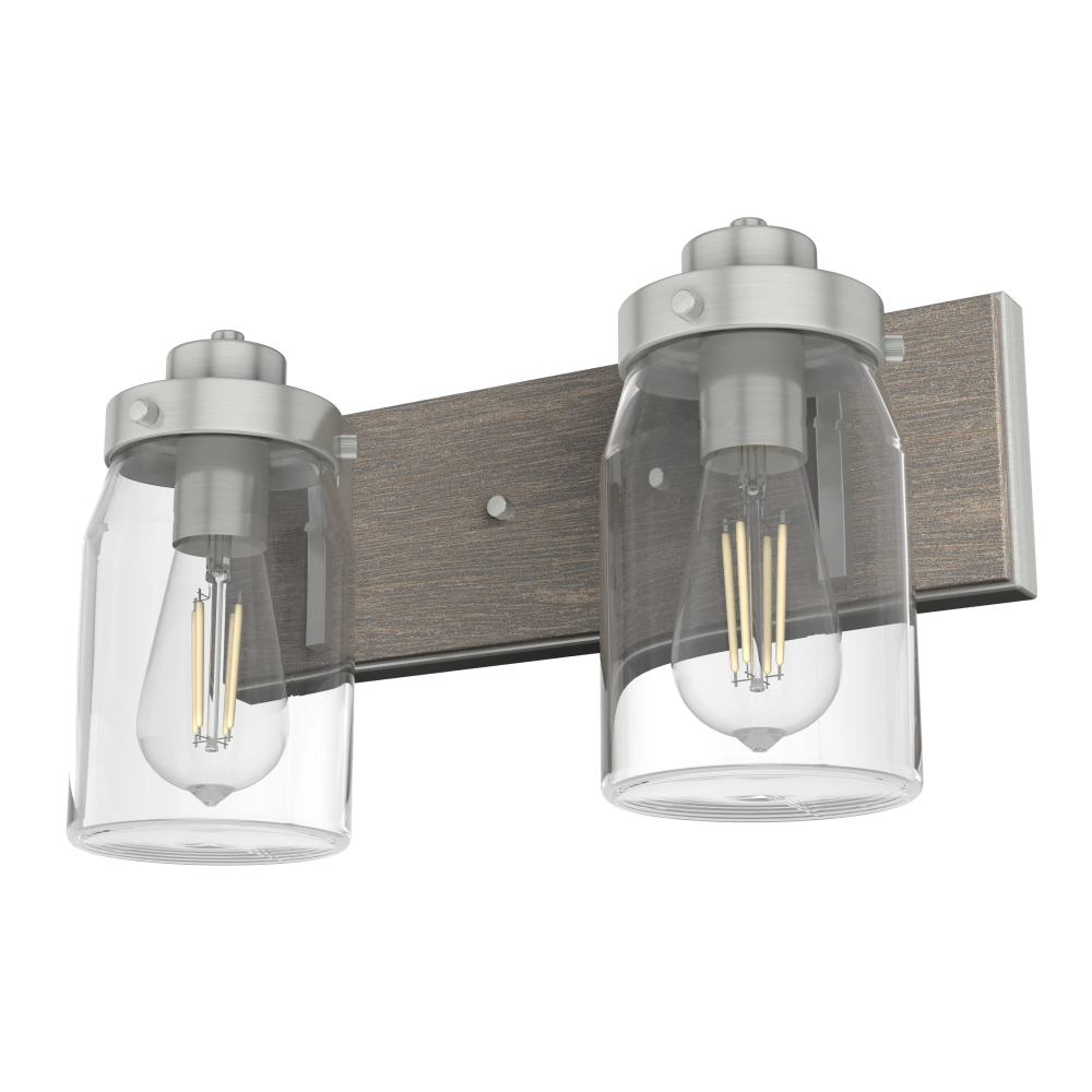 Hunter Devon Park Brushed Nickel and Grey Wood with Clear Glass 2 Light Bathroom Vanity Wall Light F