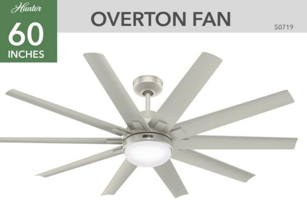 Hunter 60 inch Overton Matte Nickel Damp Rated Ceiling Fan with LED Light Kit and Wall Control