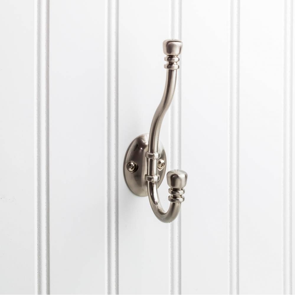 5-3/16&apos;&apos; Satin Nickel Ringed Contemporary Double Prong Wall Mounted Hook