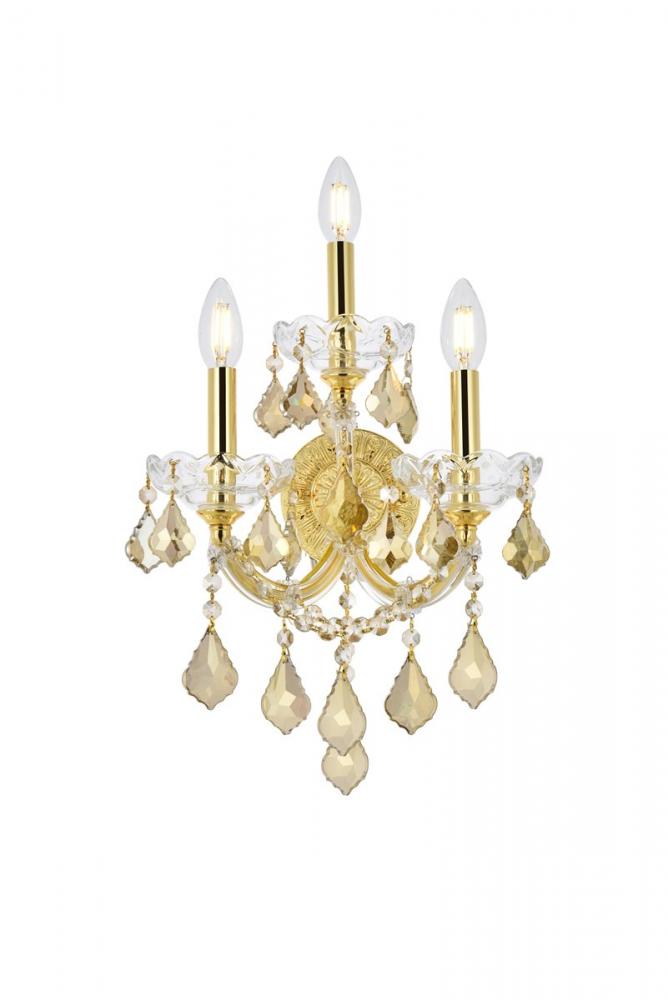 Maria Theresa 3 Light Gold Wall Sconce Golden Teak (Smoky) Royal Cut Crystal