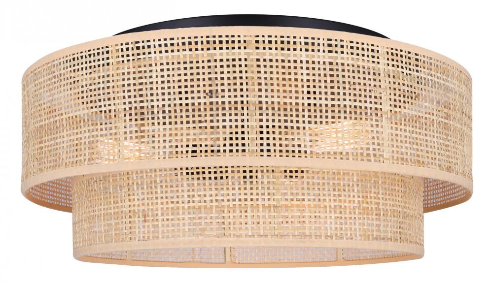 BELLAMY 19 in. 3-Light 60-Watt Boho Black Flush Mount with Natural Rattan Shade