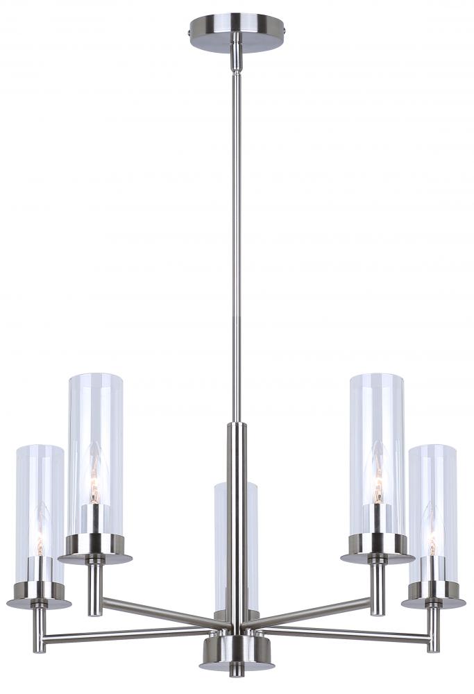 BENSON, ICH1205A05BN, 5Lt Rod Chandelier, Clear Glass, 60W Type C, 23inch W x 20.625 - 62.625inch H