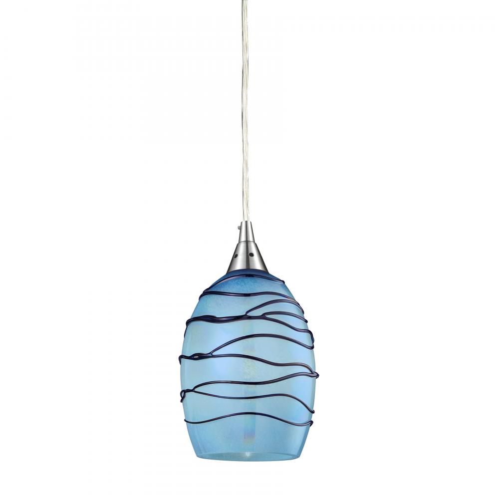 Vines 5&#39;&#39; Wide 1-Light Pendant - Satin Nickel with Blue Glass